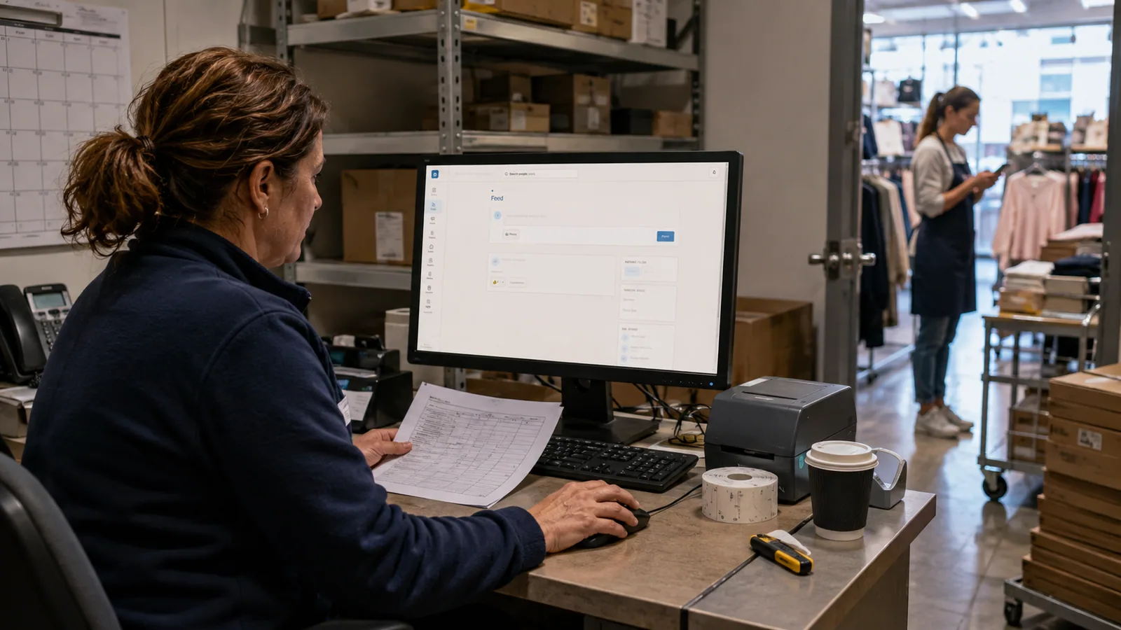 A store manager in a retail back office publishing a must-read in Innerloop's console while an associate on the shop floor reads it on her phone