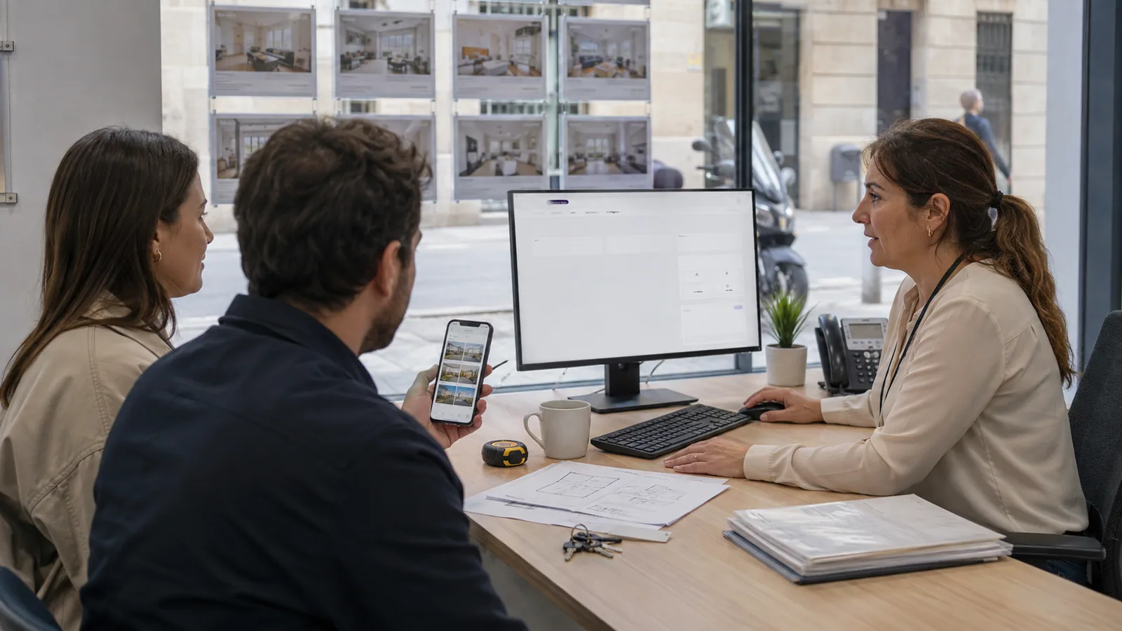 A real-estate agent at a street-level agency desk in a Spanish city walking a couple through listings with Domora's brokerage workspace open on her monitor