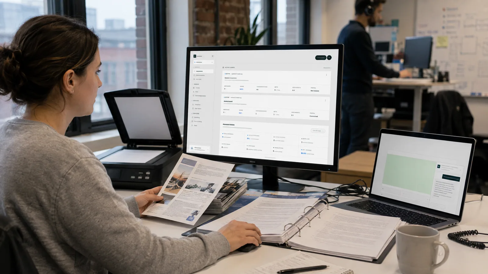 An agency operator at her desk loading a dental practice's documents into a client knowledge base in Replica's agency console, the client's website with the chat widget open on a laptop beside her