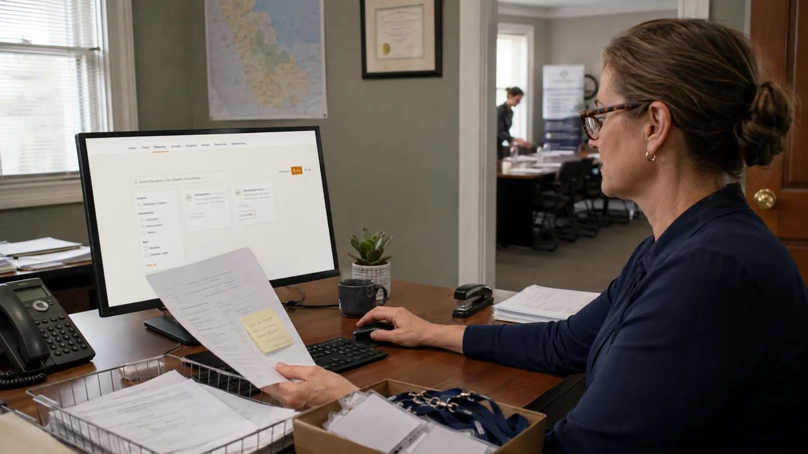 A membership director at a professional association's office checking a paper member application against Ágora's member directory on her monitor