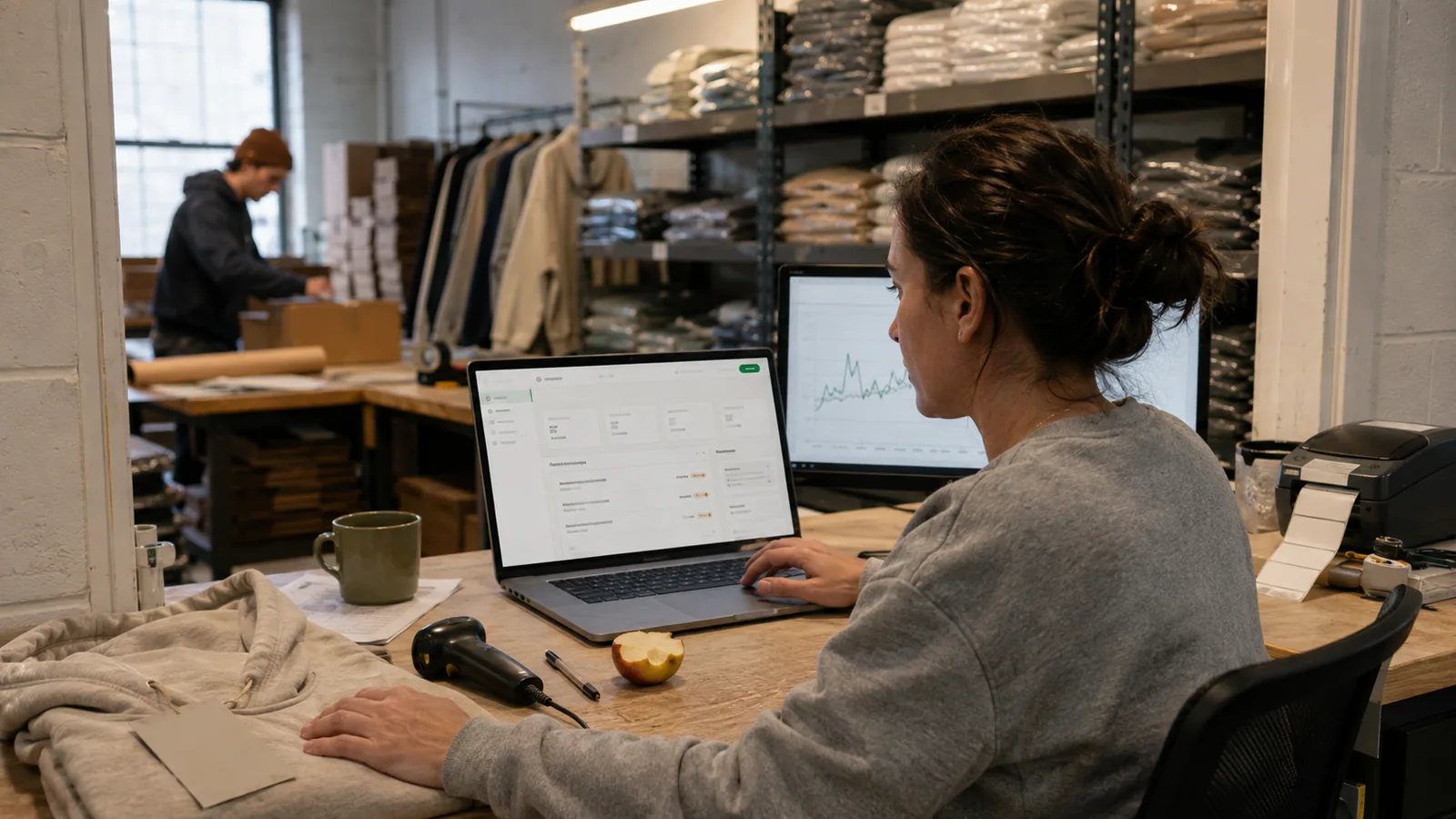 A small apparel brand's founder at her desk beside the stockroom, checking the Shopgraph dashboard before deciding on a restock