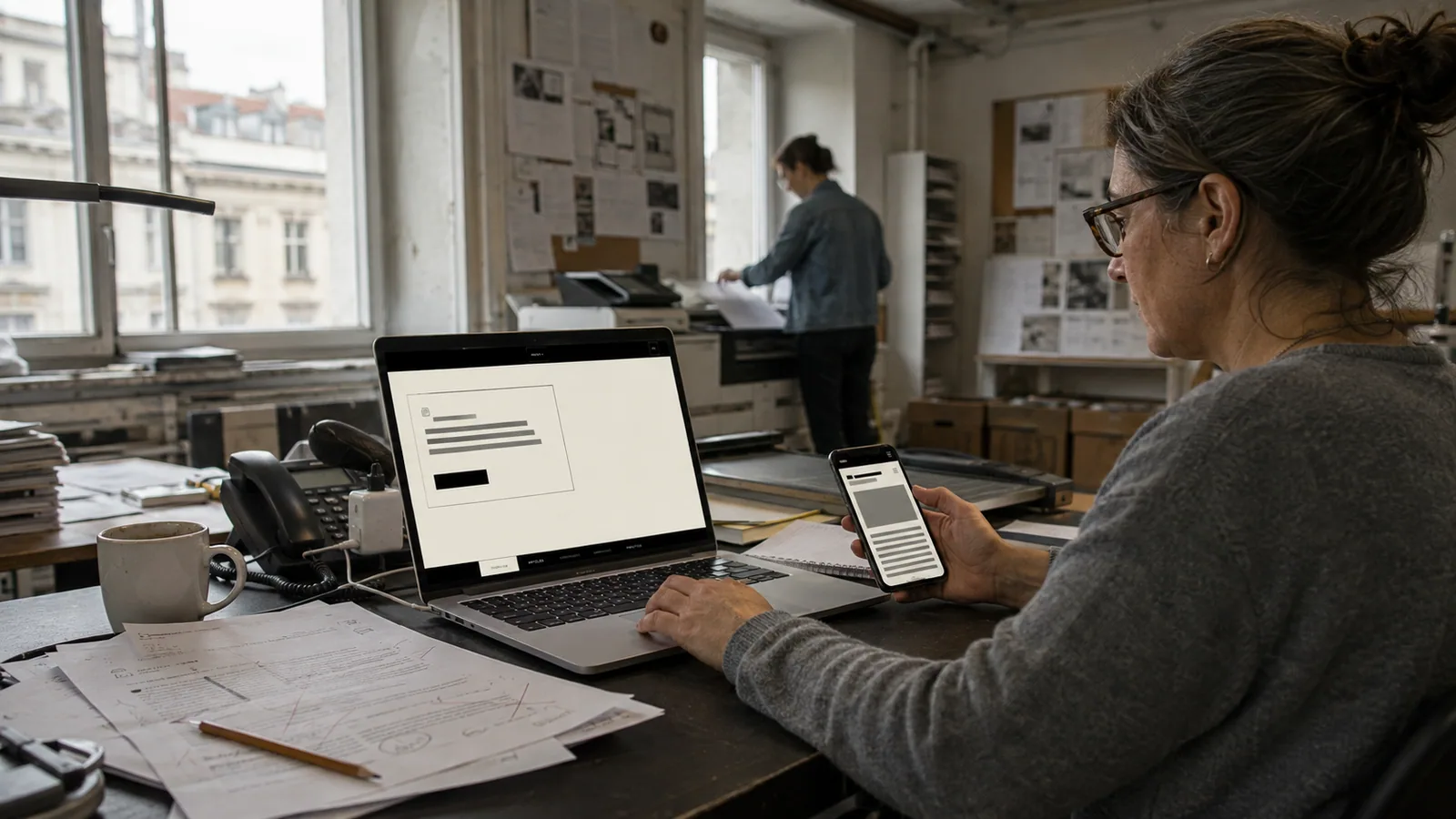 An editor at a small independent newsroom's publication desk on publishing day, marked-up proof pages beside her laptop with Pluma's publication console open and the published article on a phone