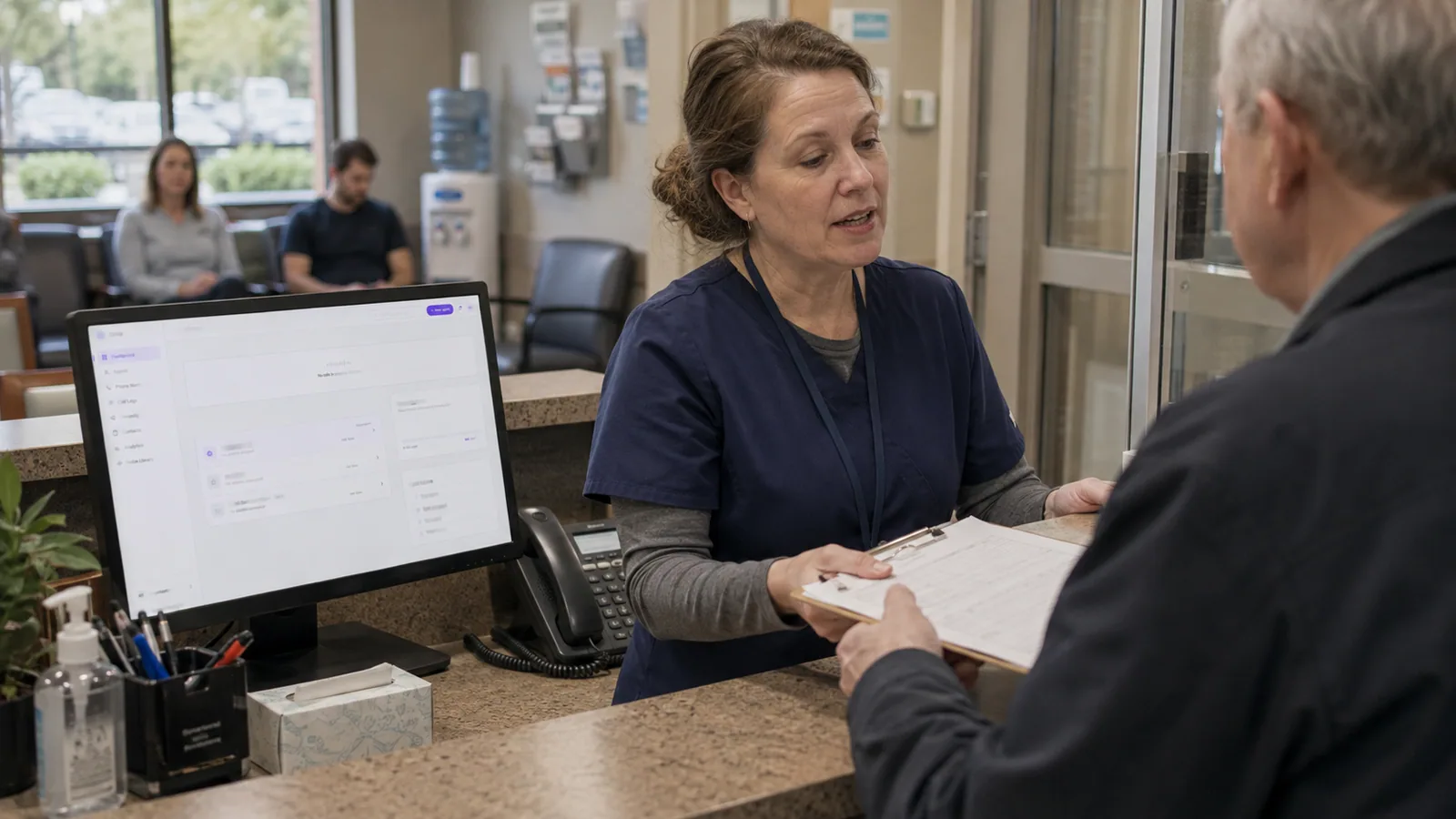 A clinic receptionist checking in a patient at the front desk while Callia's console on her monitor shows the voice agent taking a live appointment call