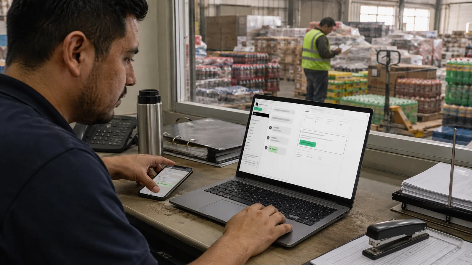 A preventista at a wholesale distributor's dispatch desk listening to a customer's WhatsApp voice-note order with Velo's operator console open on his laptop