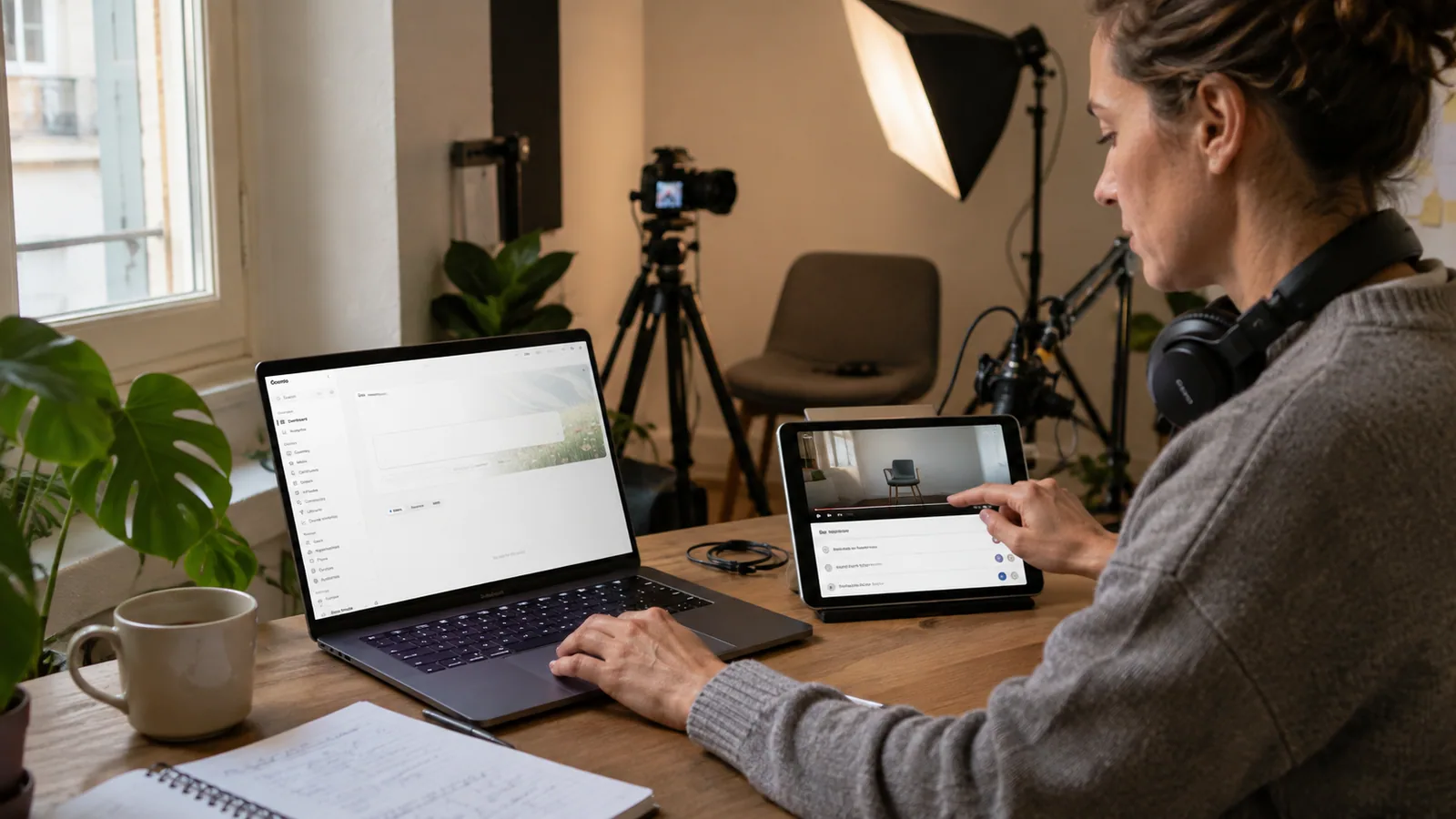 An infoproducer in her home recording studio checking a freshly uploaded lesson in Coursio's console on her laptop, with the learner's view of the same lesson on a tablet beside it