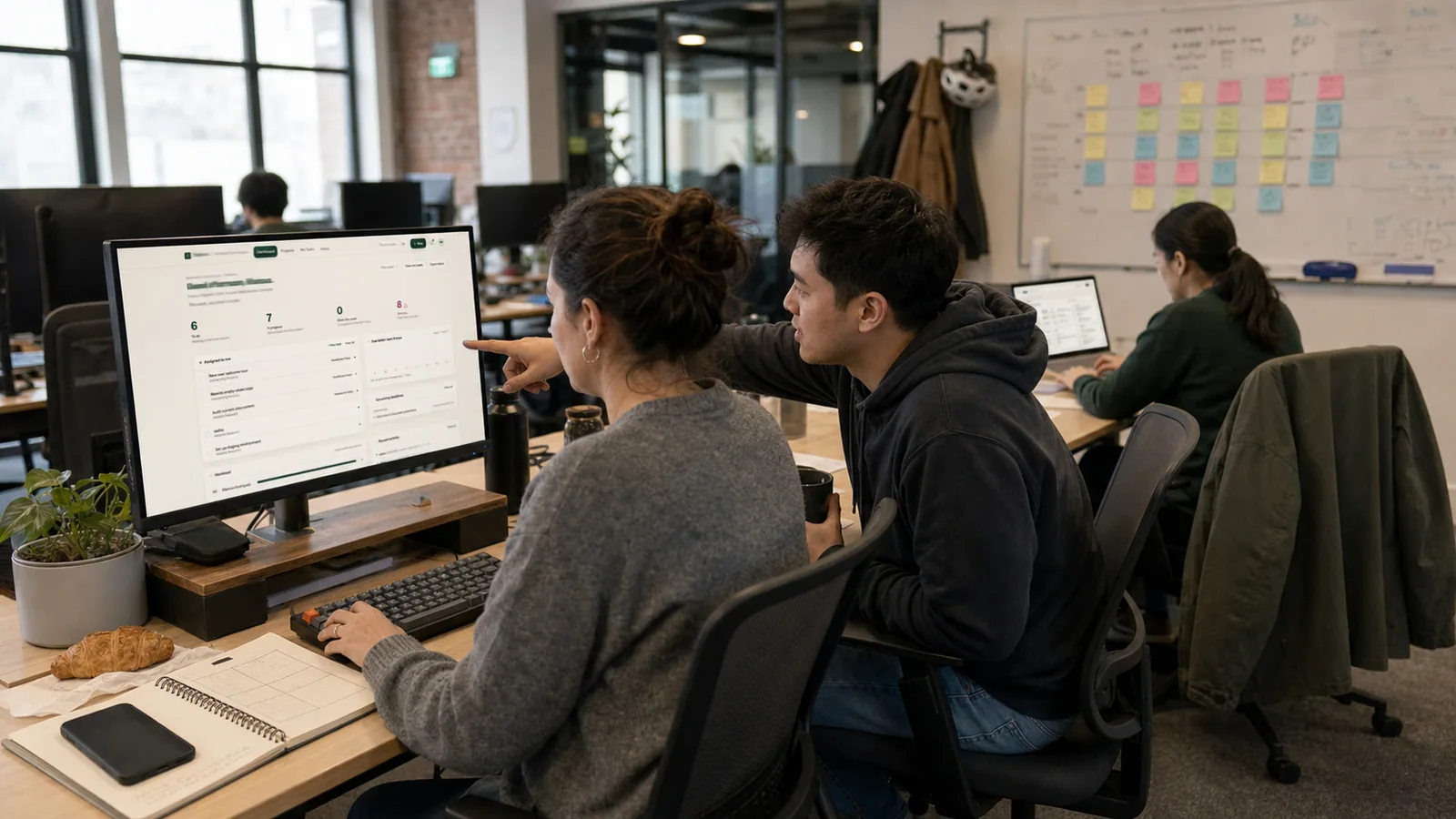 A workspace owner and a teammate reviewing the week's tasks on Taskline's team dashboard at her desk in a small software team's office on a Monday morning