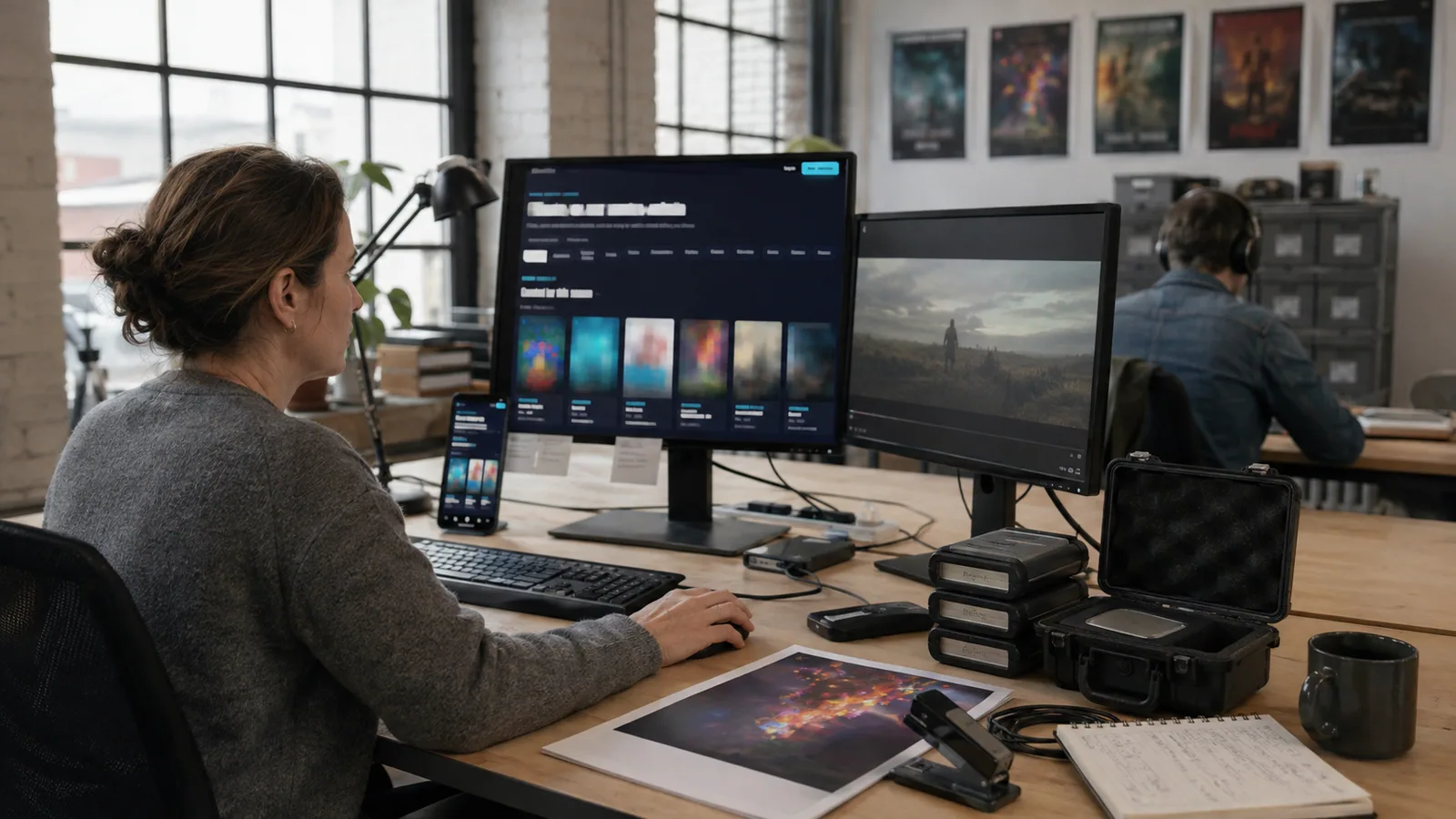 The founder of a small independent film label at her desk checking how a newly published film appears in her Kineflix catalogue, with the printed poster proof and master drives beside the monitor