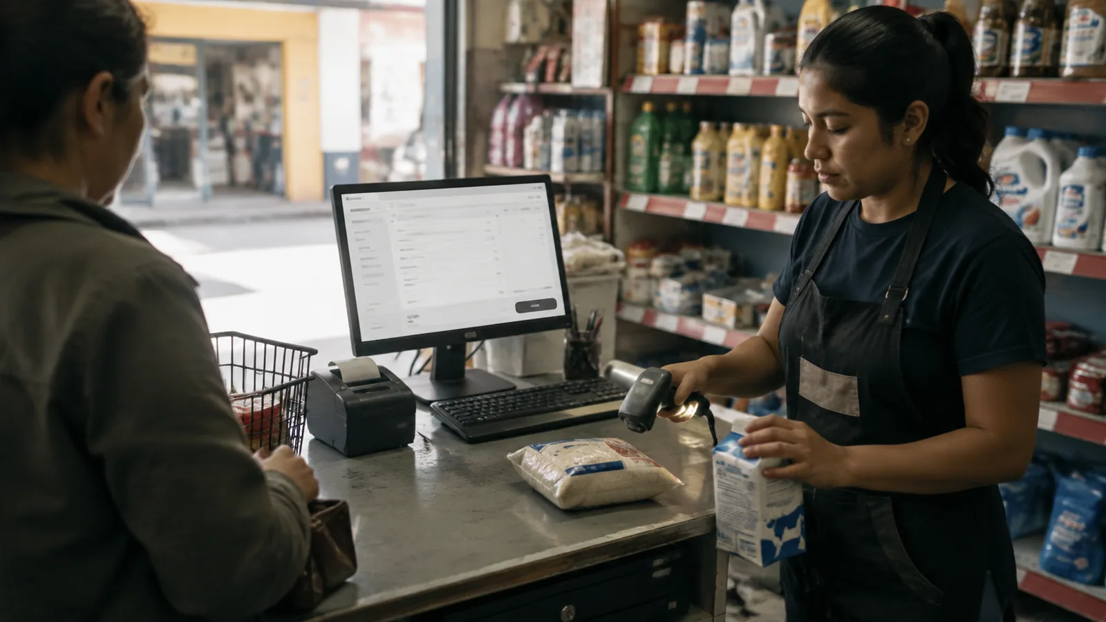 A cashier at a neighbourhood grocery counter scanning a customer's items with a USB barcode scanner while Tillo's checkout screen runs on the counter monitor