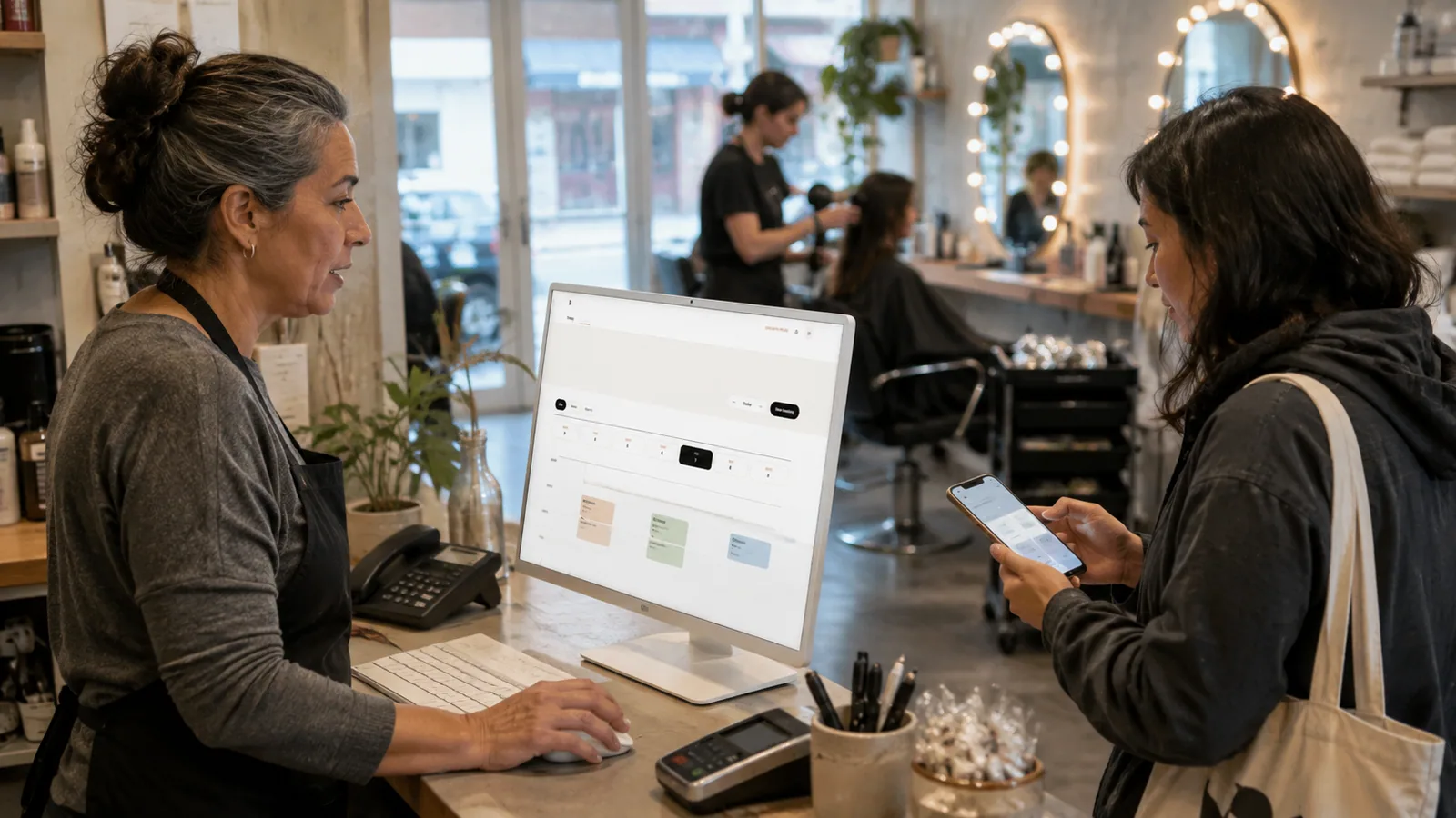 A salon owner at the front desk confirming a customer's next appointment on Reservo's multi-staff calendar while the customer checks the booking on her phone