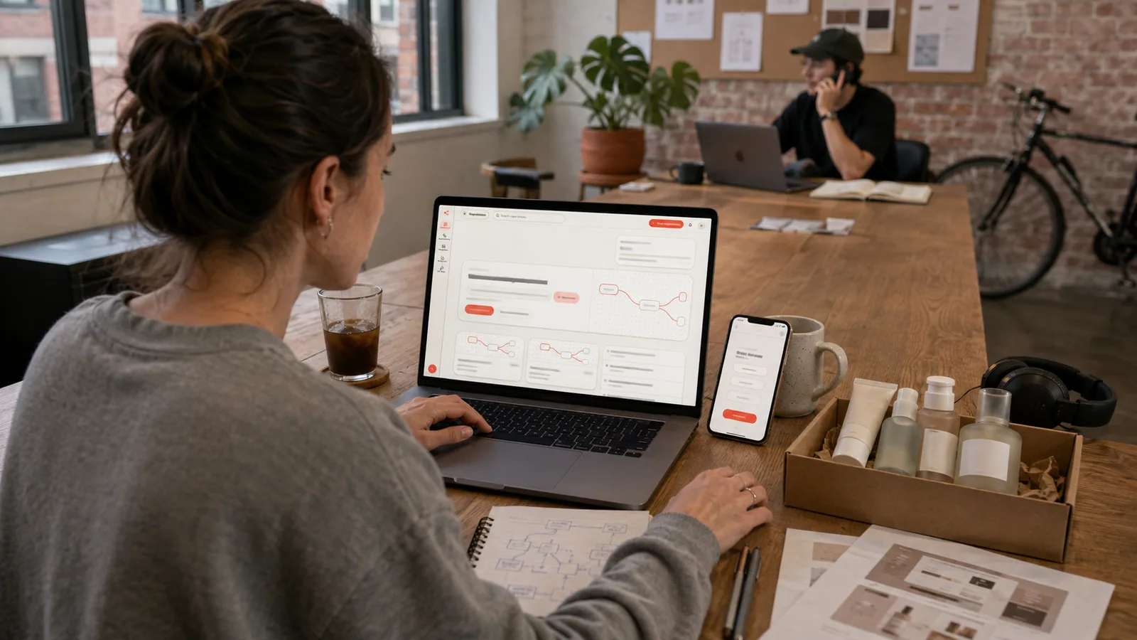 A builder at a small marketing agency's shared work table wiring a skincare quiz funnel in Branchly's canvas workspace, the same experience playing on a phone beside the laptop