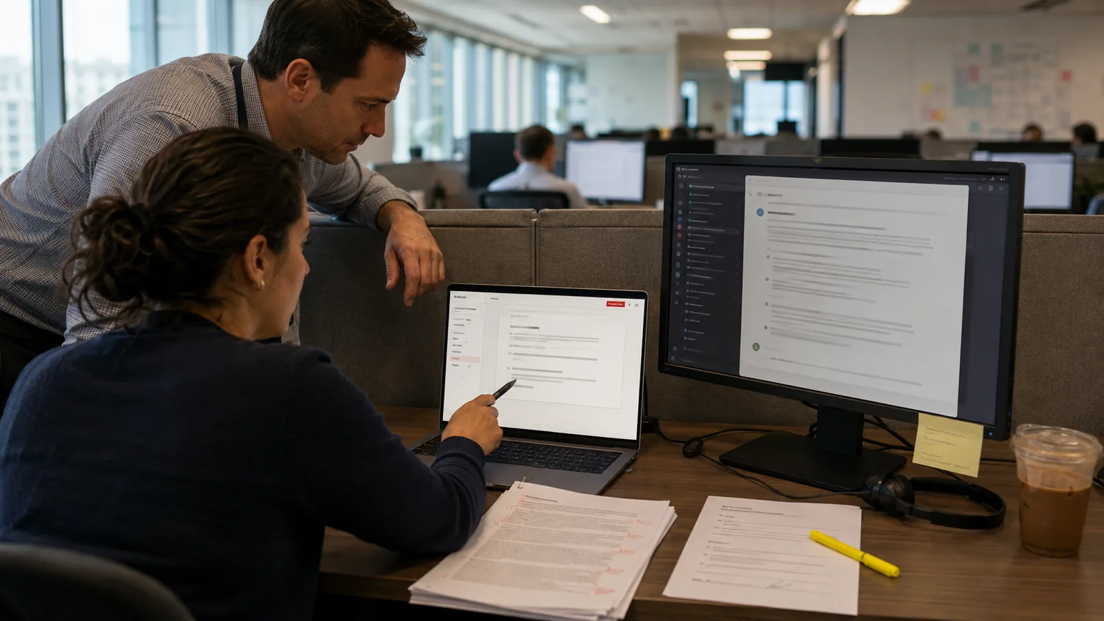 A deal-desk lead on a revenue-operations floor reviewing a cited discount-approval brief in Briefcrew's console while a sales rep waits at her desk