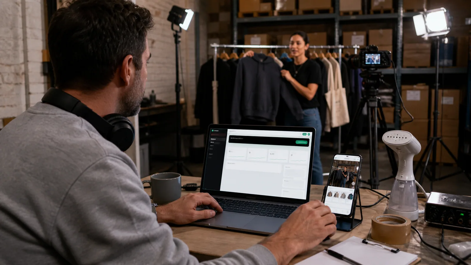 A streetwear brand's producer running a live drop from Cartcast's merchant console beside the host on camera in the brand's stockroom studio