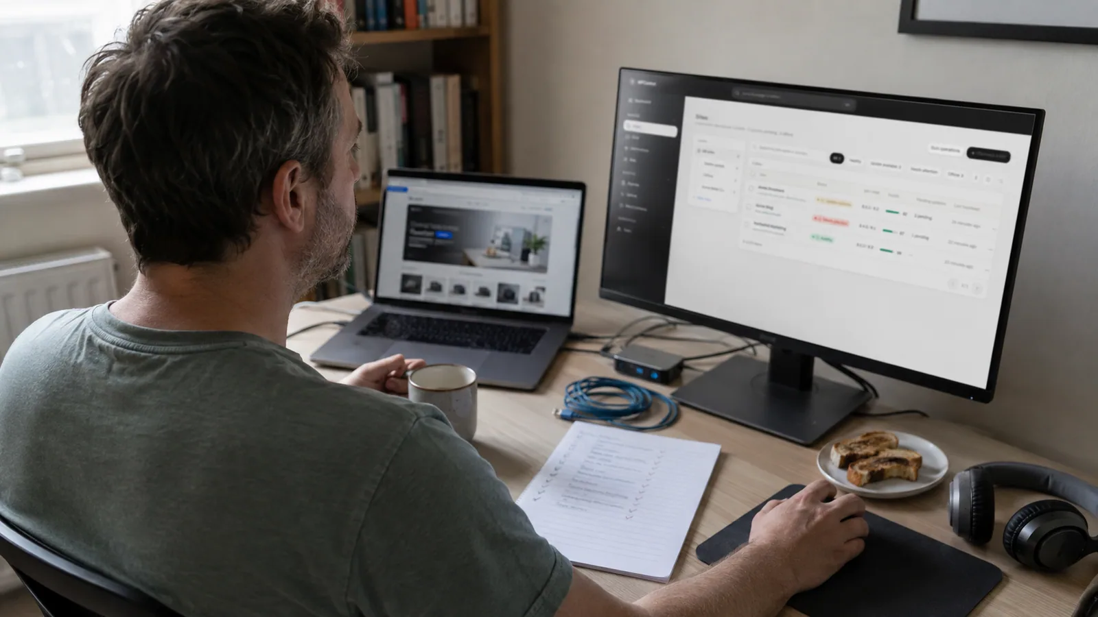 A freelance WordPress maintainer at his home-office desk running the weekly update pass across client sites in WPControl