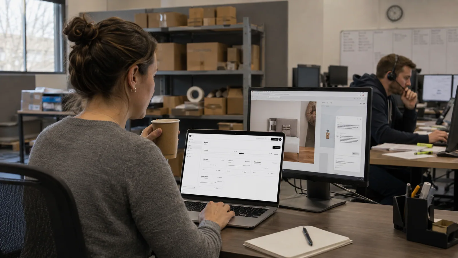 A support team lead at an online retailer's help desk reviewing her deployed agents in Cortex's dashboard while a colleague in a headset handles a handed-off conversation