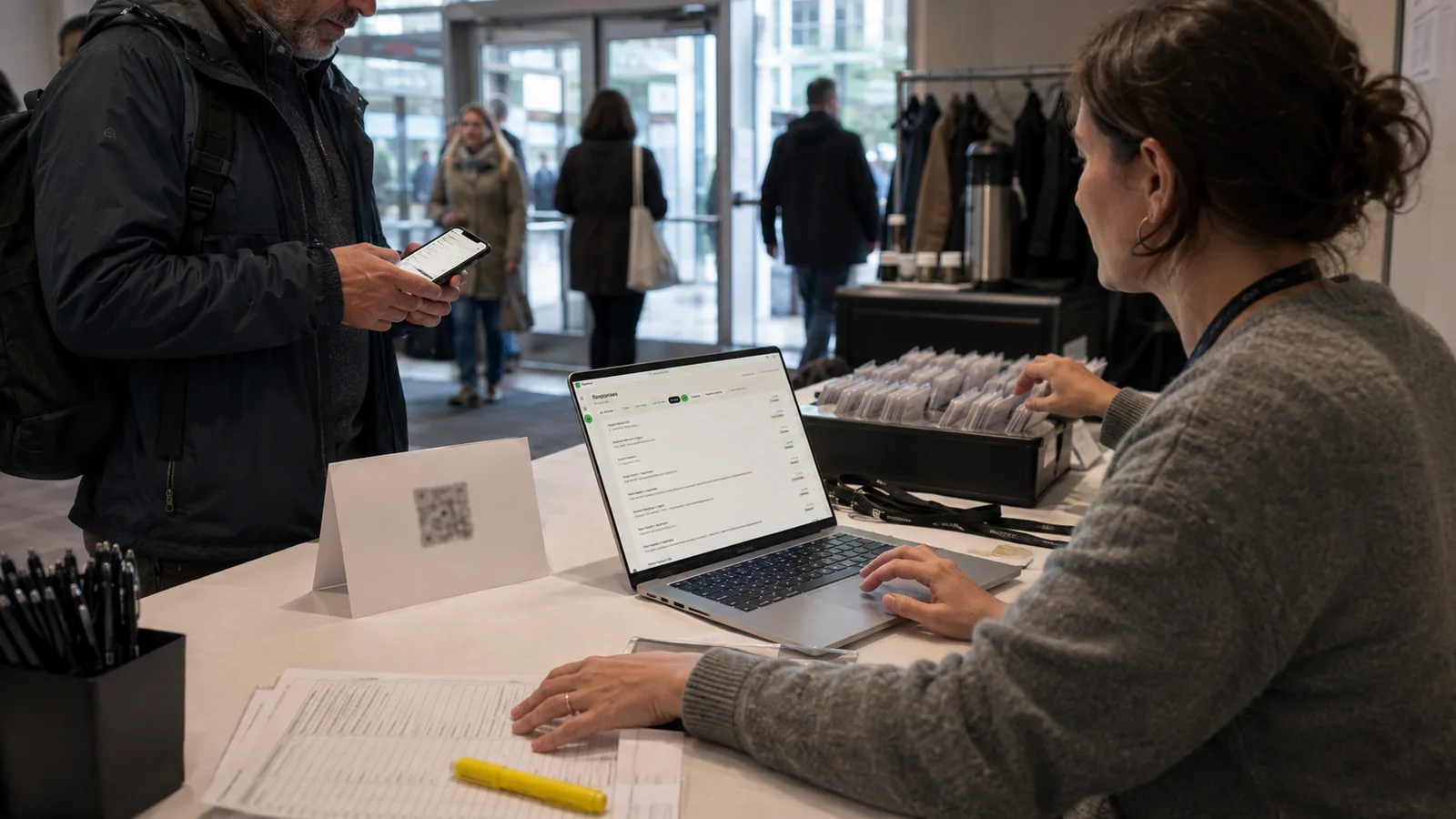 A workshop coordinator at a registration desk watching an attendee's answers arrive in Formlet's responses inbox as he scans the table card's QR code with his phone