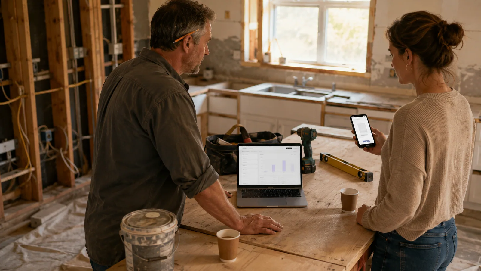 A contractor at a half-renovated kitchen island with Billora's overview open on his laptop while the homeowner reads the quote he just sent on her phone