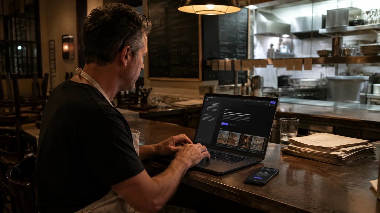 A restaurant owner at his bar counter after closing, building his restaurant's website in Adorable's studio with the live preview open on his laptop