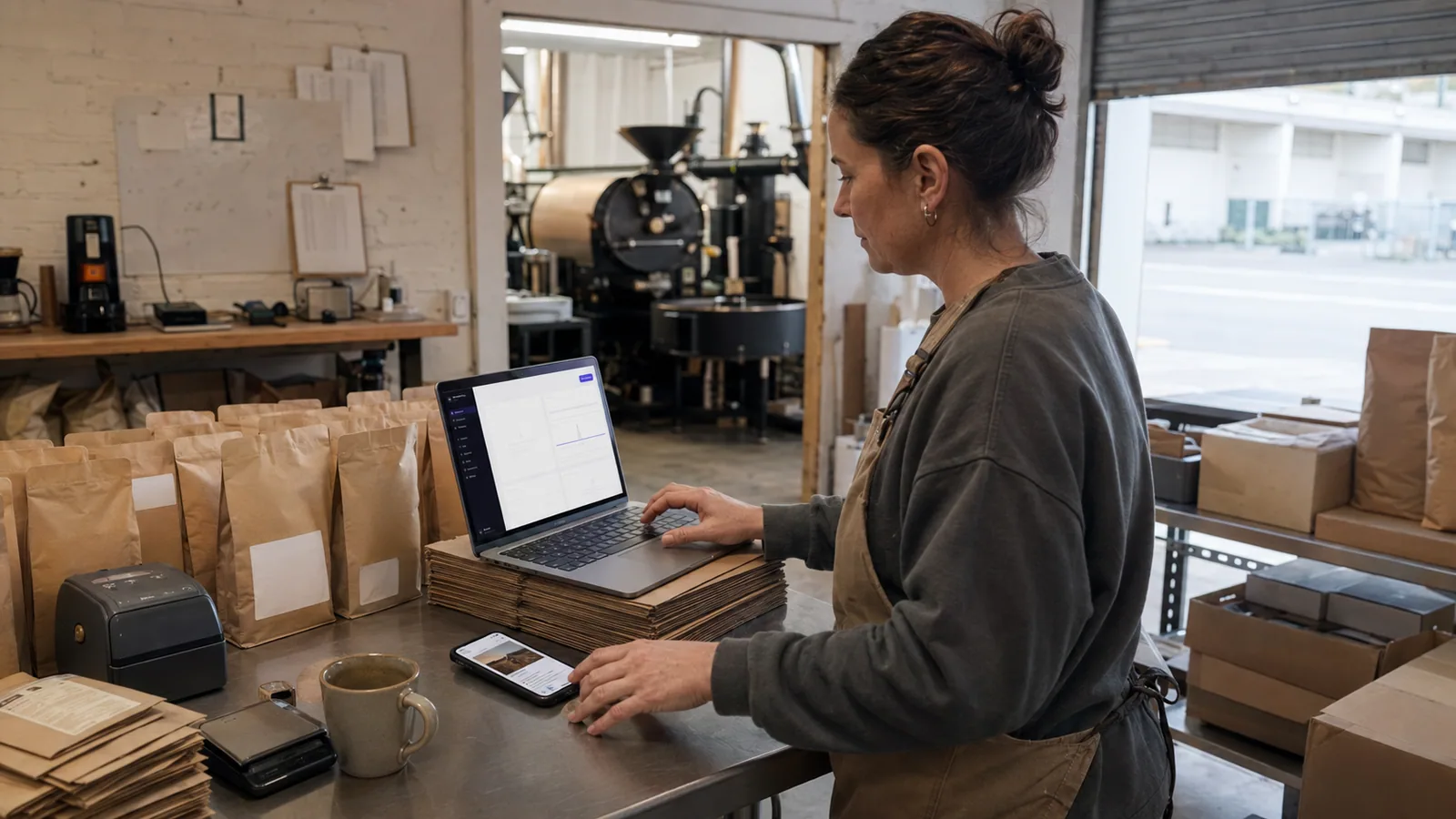 The owner of a small coffee roastery at her packing bench with Sendora's dashboard open on her laptop and the test send of the month's newsletter arriving on her phone