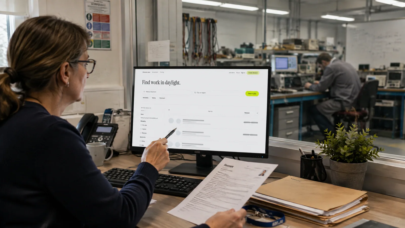 An office manager at an electronics workshop's front desk checking her company's vacancy live on the Vacanta job board while reading an applicant's printed résumé