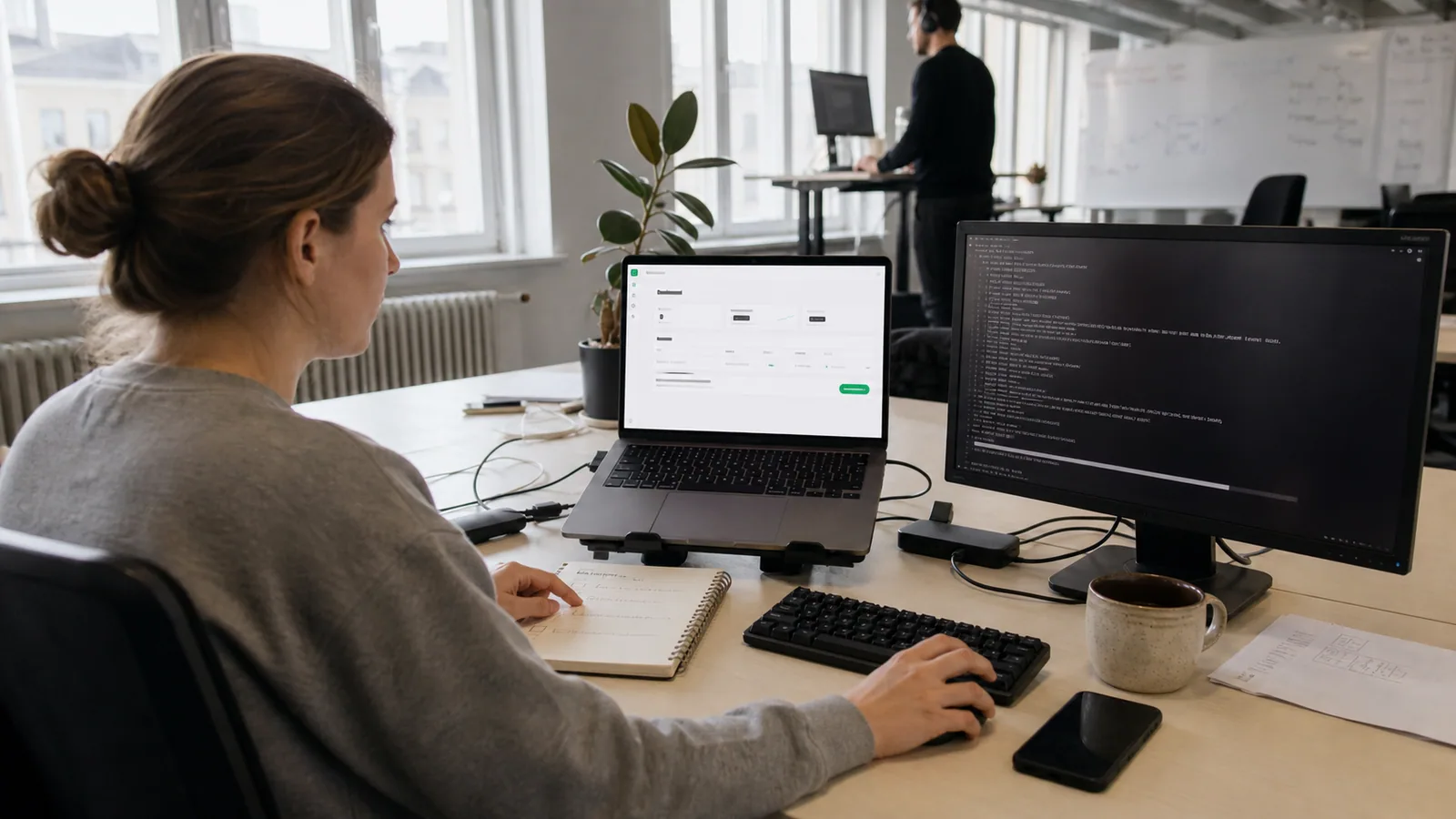 An engineer at a small software team's office running a migration bundle in a terminal while Liftport's cockpit is open on her laptop
