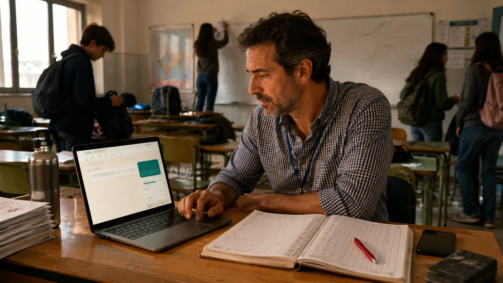 A teacher at his classroom desk entering the day's attendance into Escolia on a laptop while students pack up at the end of the last period