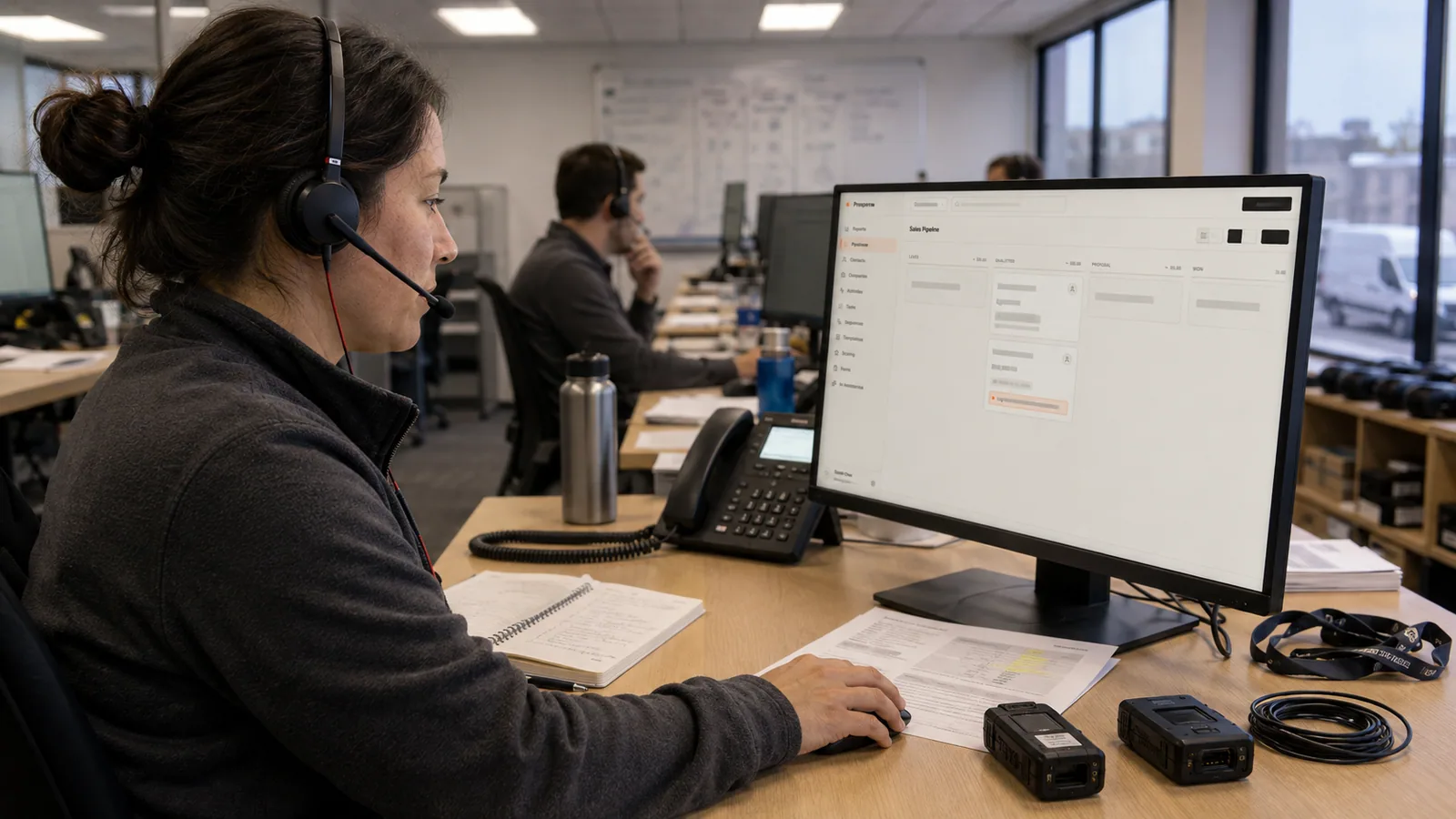 A sales rep on a headset call with a prospect, moving a deal card across Prospera's pipeline board on her monitor in a small B2B company's open-plan sales office