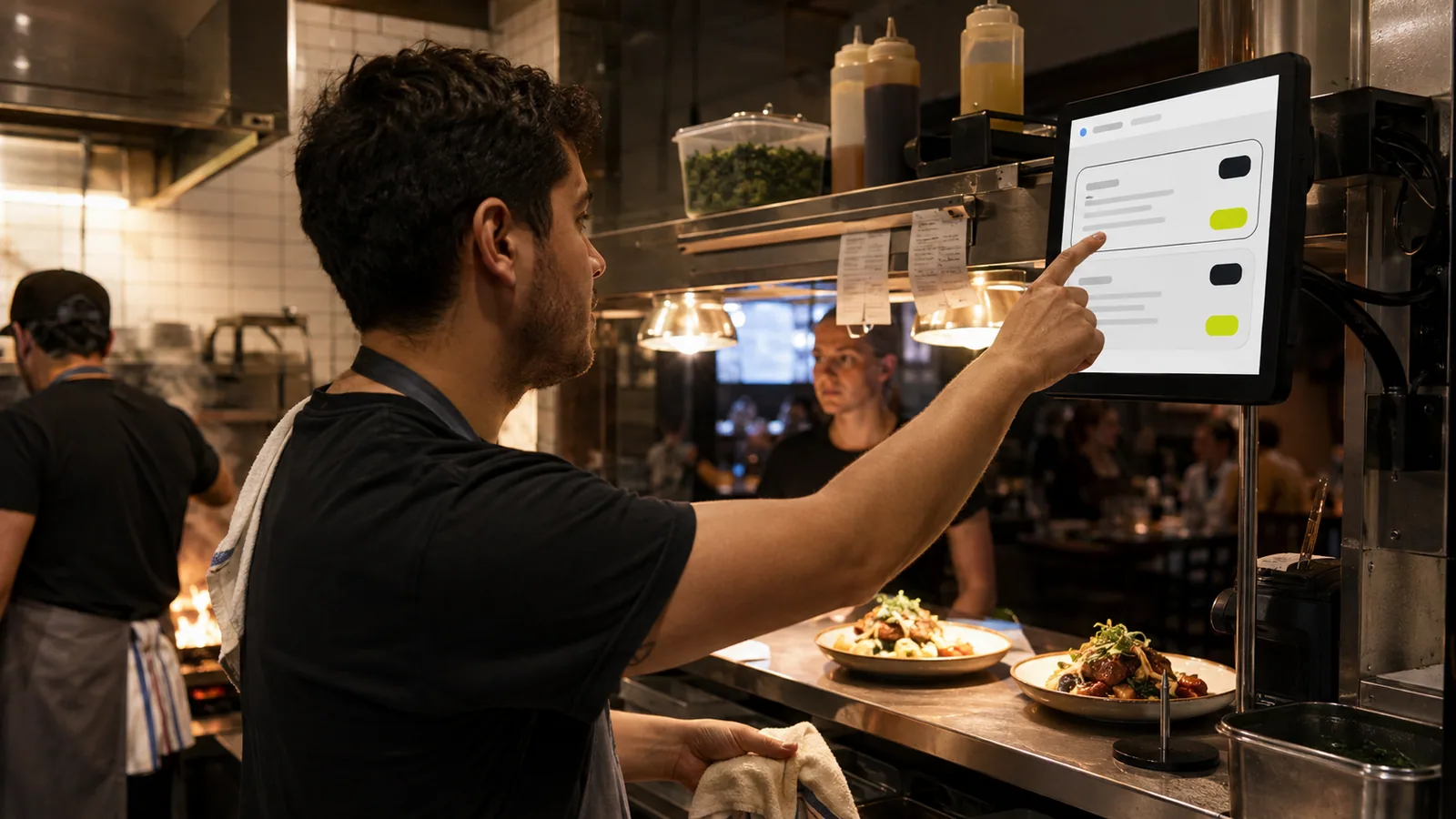 A line cook at a neighbourhood restaurant's pass during evening service marking an order ready on Platea's kitchen display