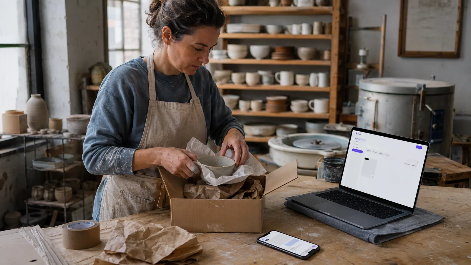 A ceramicist at her studio workbench packing a sold stoneware bowl for shipment with the Bazario marketplace open on her laptop and the buyer's message thread on her phone
