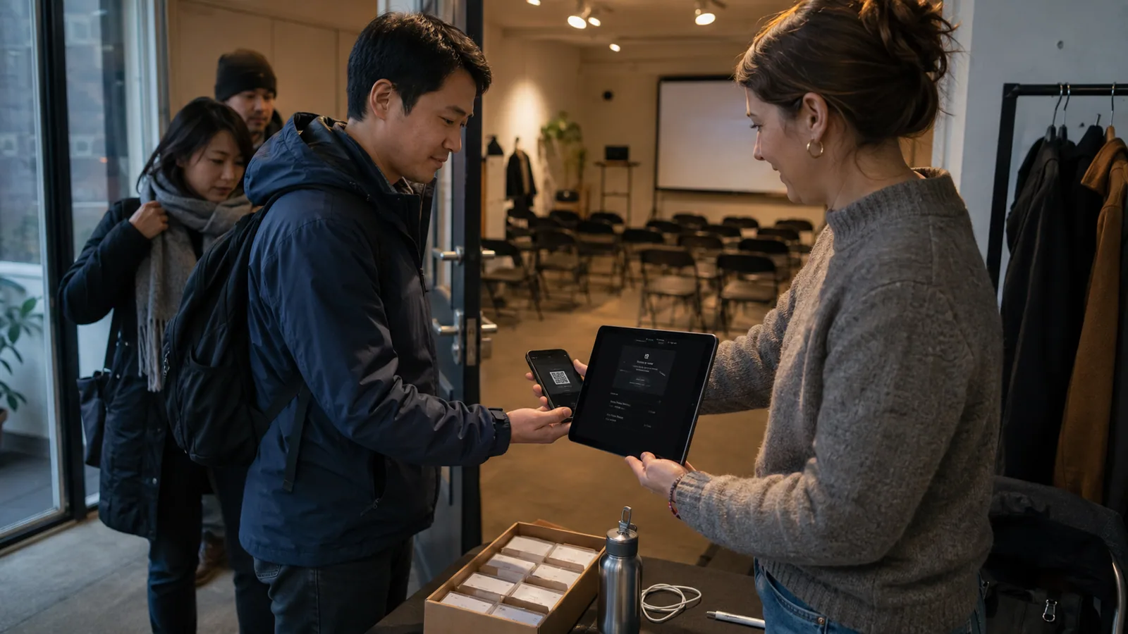 An event organizer scanning a guest's QR ticket at the door of a small workshop with Venuo's check-in screen open on her tablet