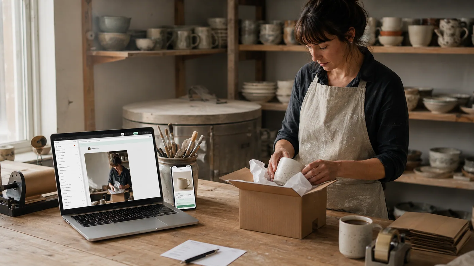 A ceramics maker at her studio packing bench wrapping an order with Storely's storefront editor open on her laptop and her store's product page on her phone