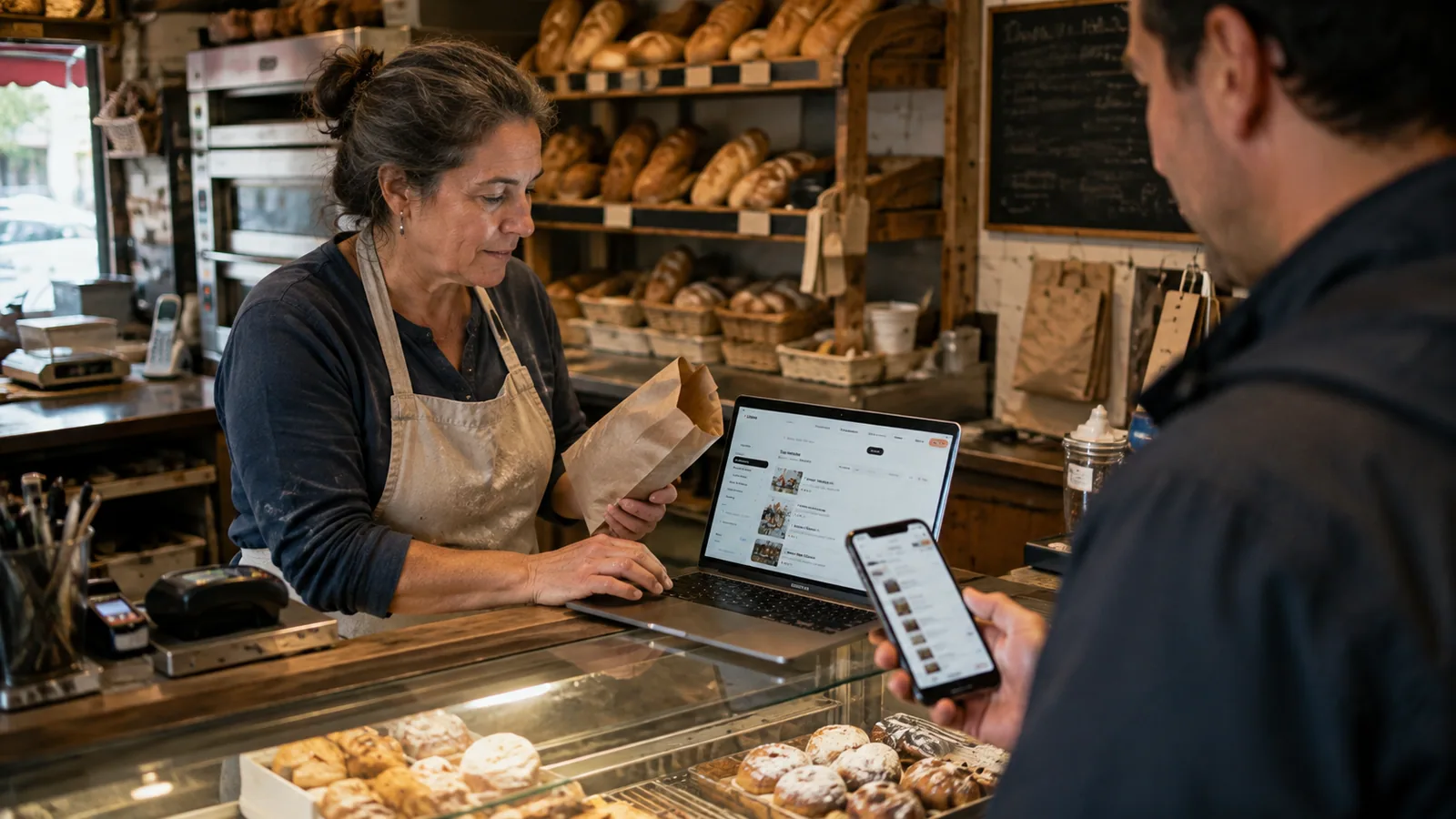 A bakery owner behind her counter checking where her shop appears in Listora's directory results on a laptop while a customer decides at the pastry case