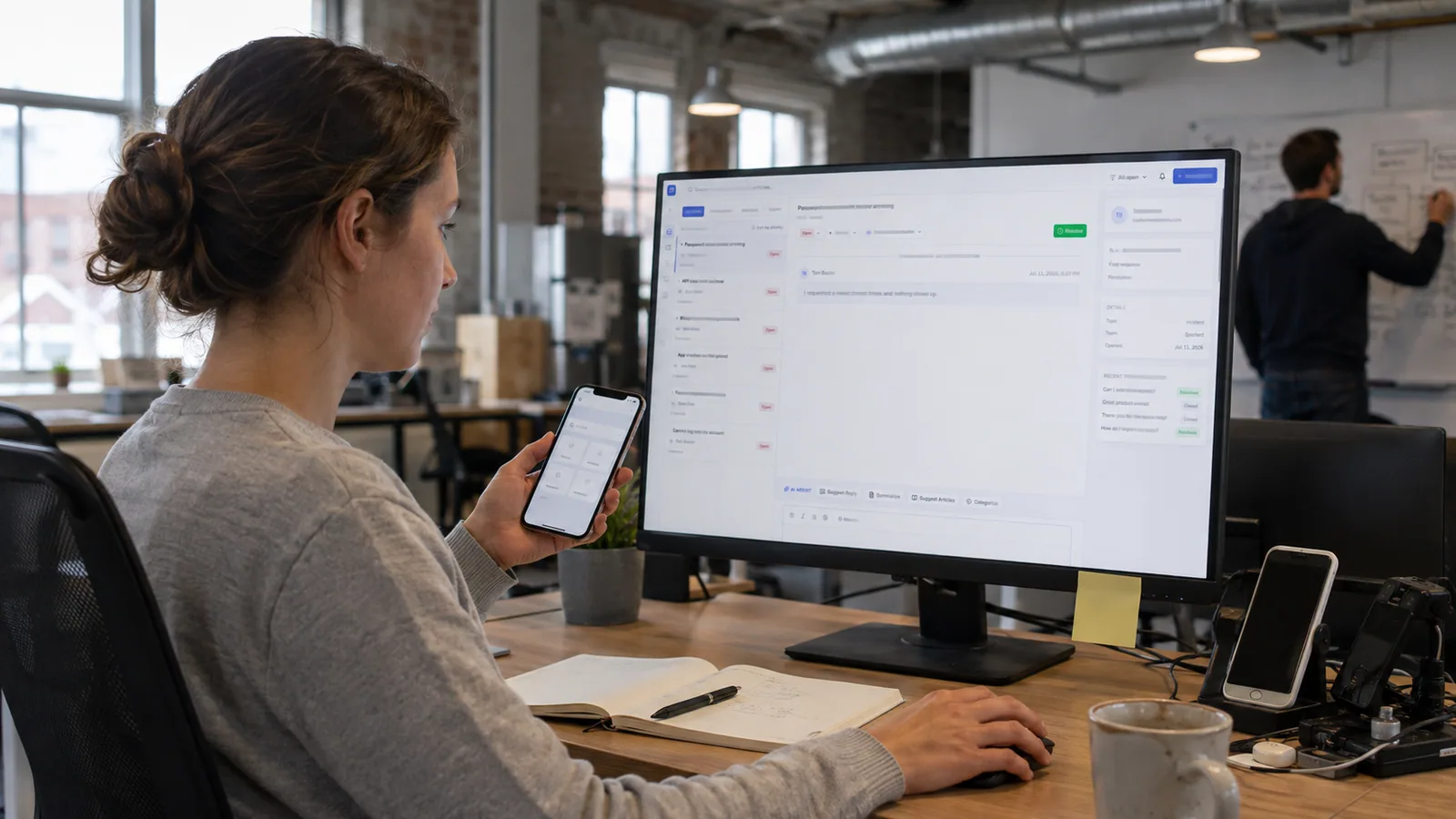 A support agent at a small software company's support desk reproducing a customer's issue on a test phone with Resolv's split-view inbox open on her monitor
