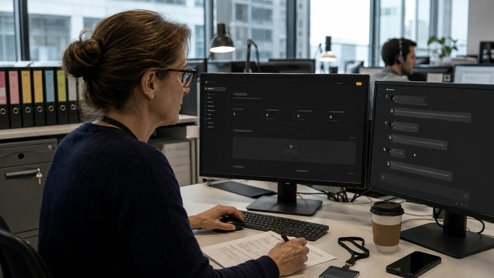 An agency head of operations at a two-monitor desk watching Memrail's isolation overview while an AI agent session runs on her second screen