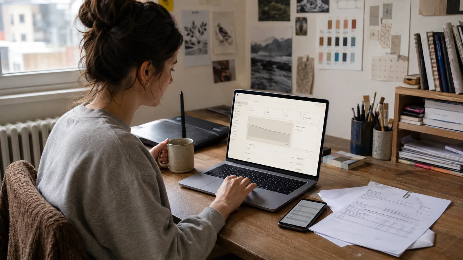 A freelance illustrator in her home studio checking overdue invoices and the DSO trend on ContractClaim's dashboard before starting the day's work