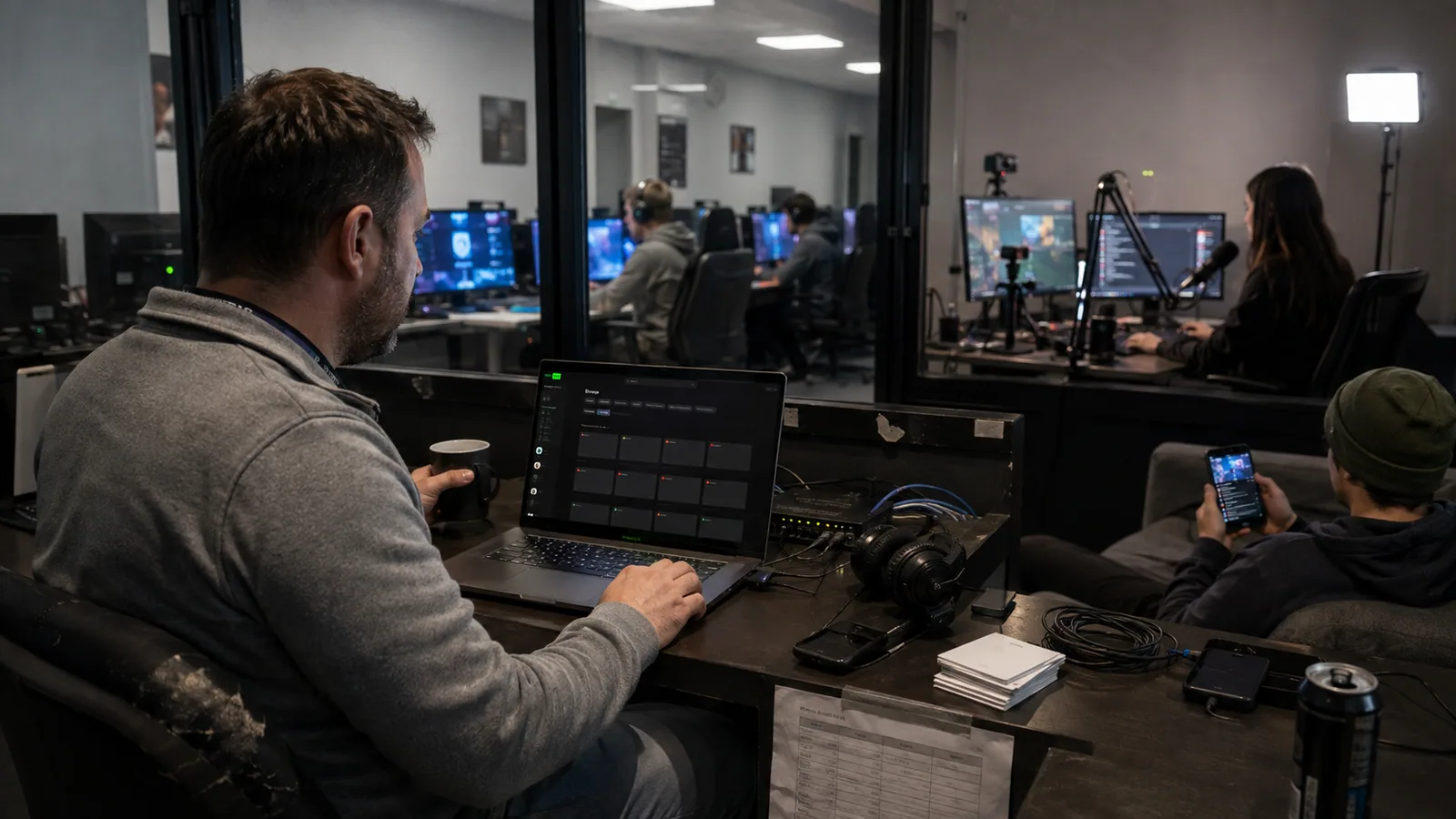 A gaming club manager at the venue's front desk watching what is live on the club's own Thick streaming platform while a member broadcasts from the booth behind him