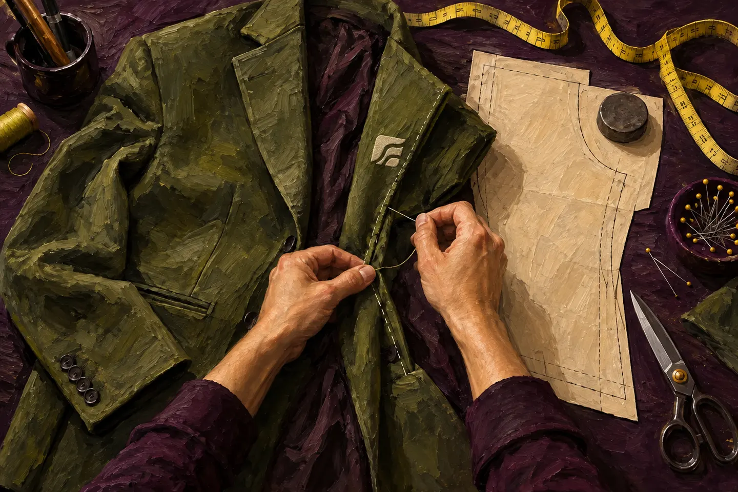 Hands alter an olive jacket on an aubergine sewing table.