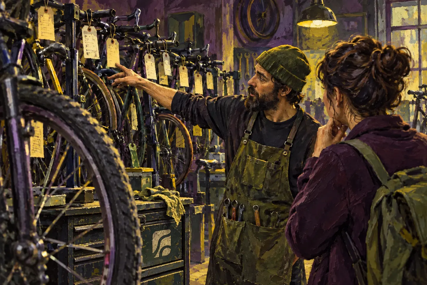A mechanic points out tagged bicycles waiting for repair.