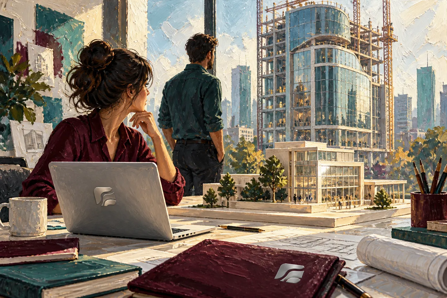 A building model sits beside a view of an operating building