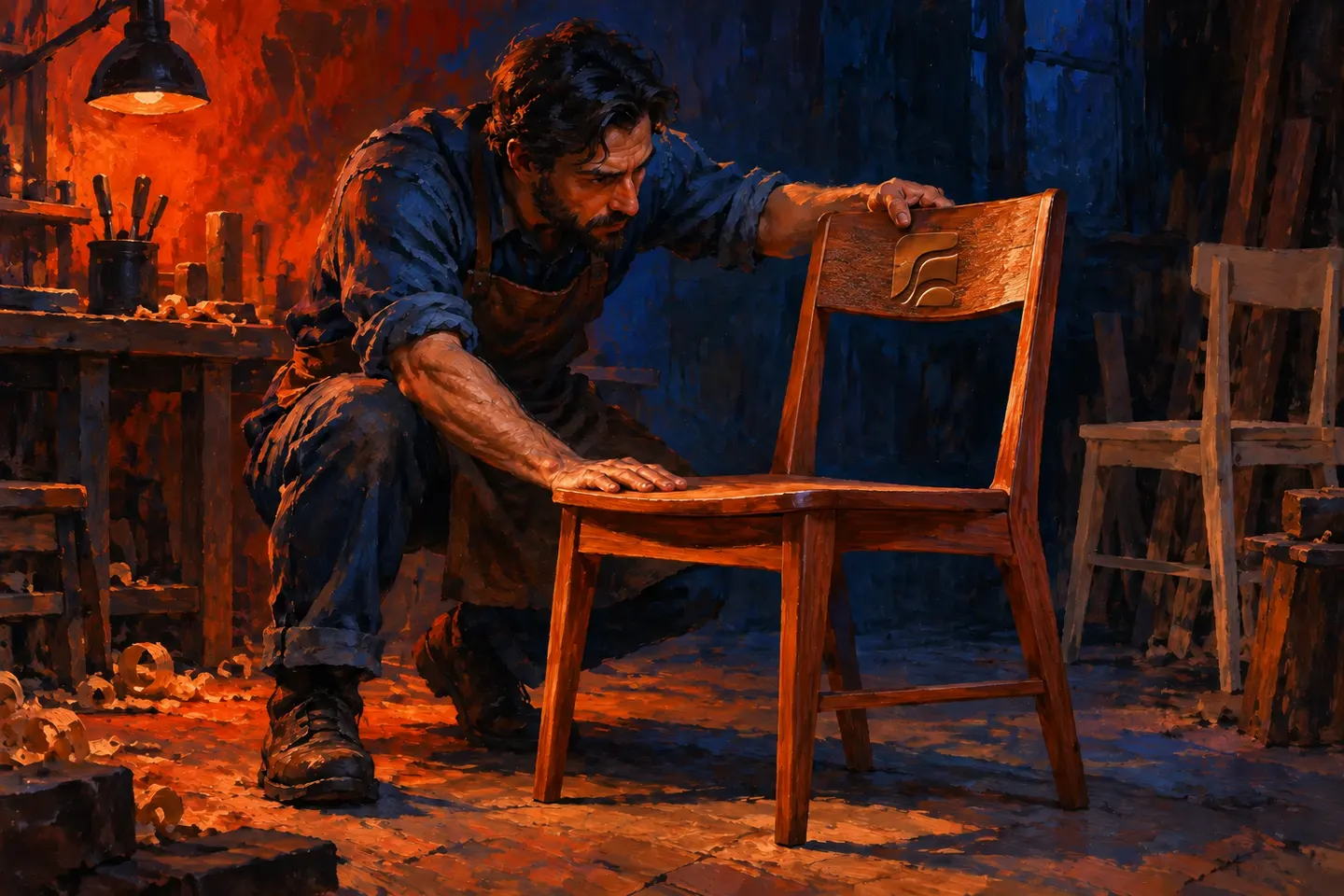 A craftsperson checks the stability of a wooden chair.
