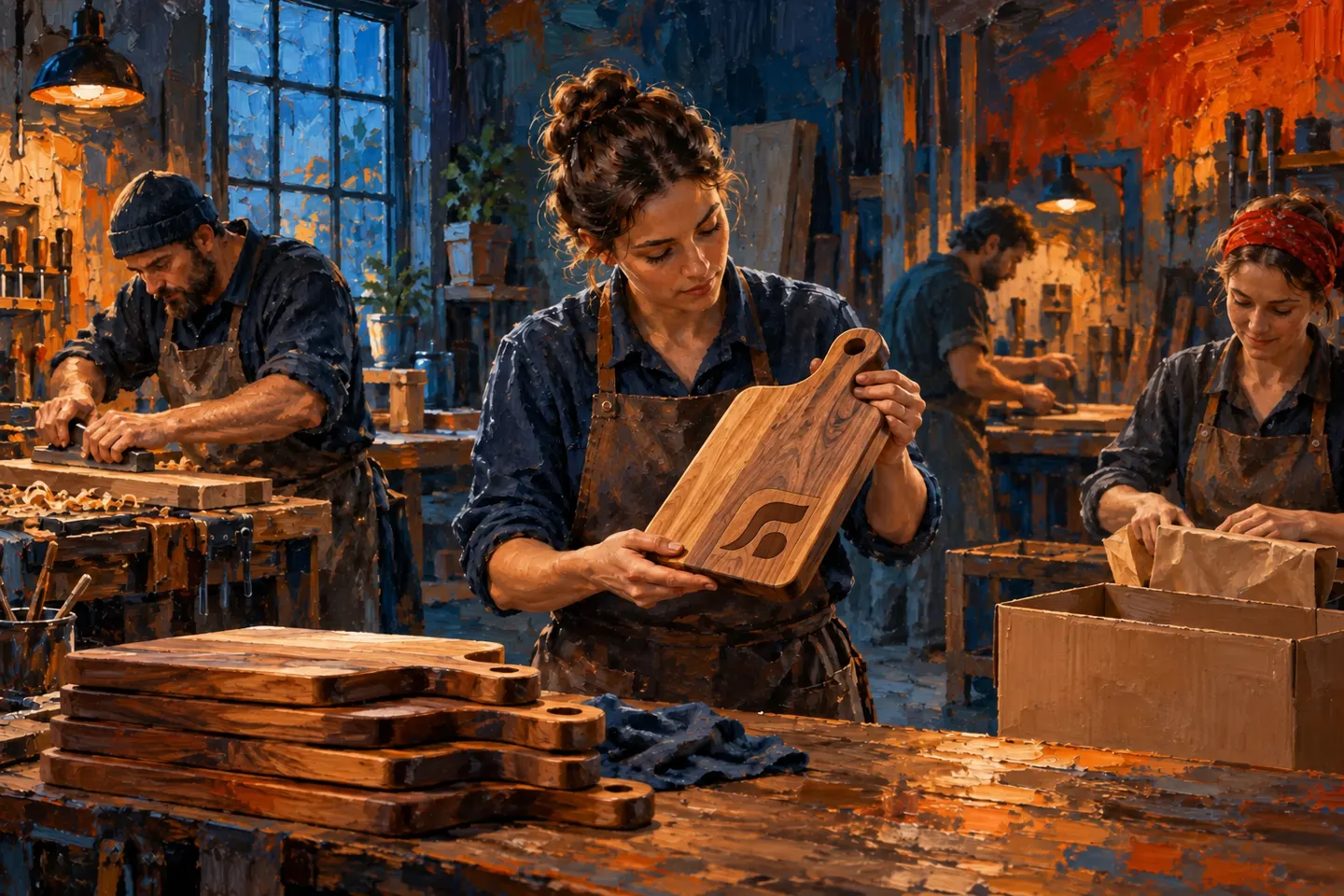 Craftspeople make, inspect, and pack wooden objects at successive workstations.