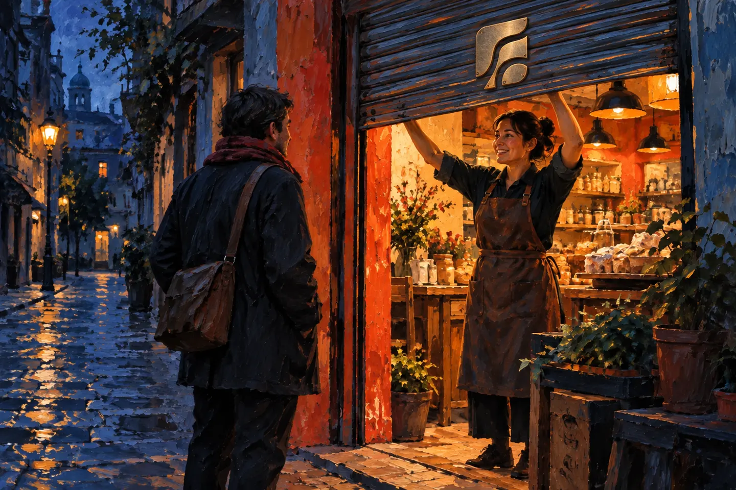A shopkeeper raises a shutter to welcome a customer.