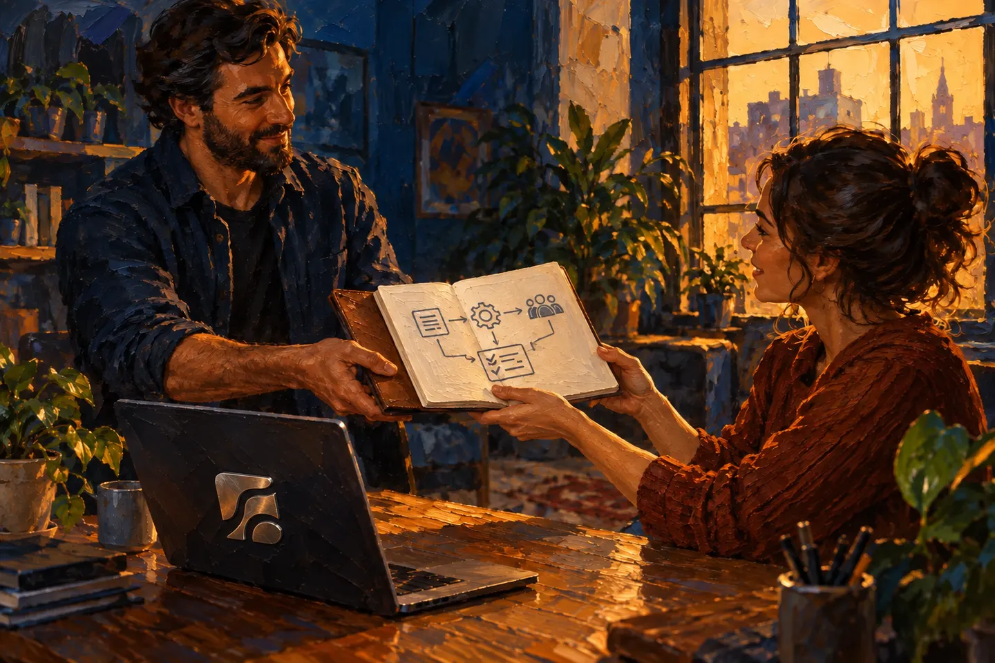 Two partners hand over an open portfolio beside a laptop in a cobalt-blue office.