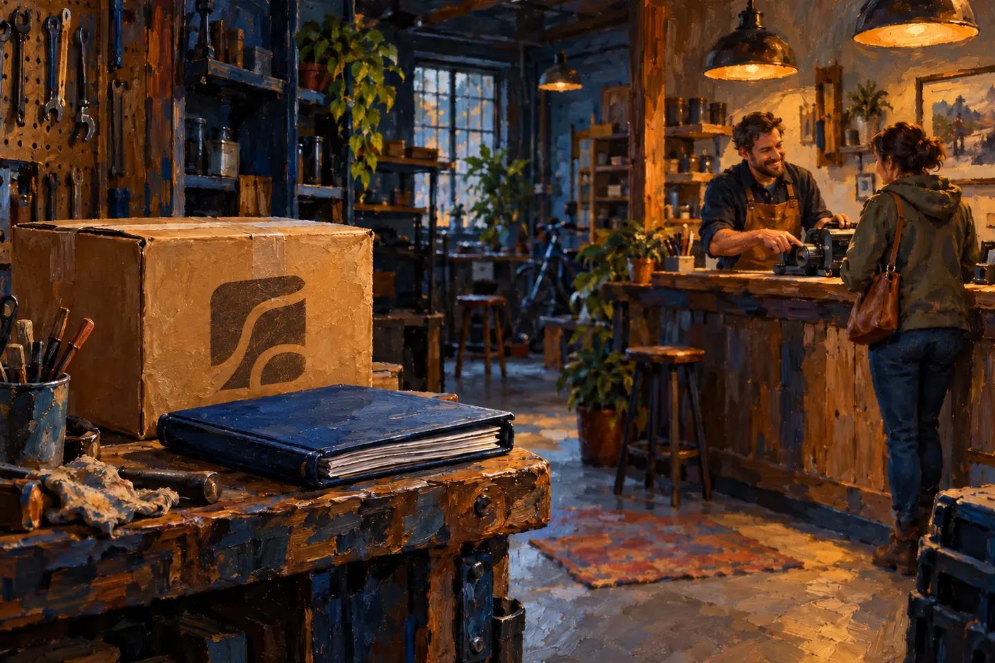 A delivered package sits in the foreground while an operator serves a customer.