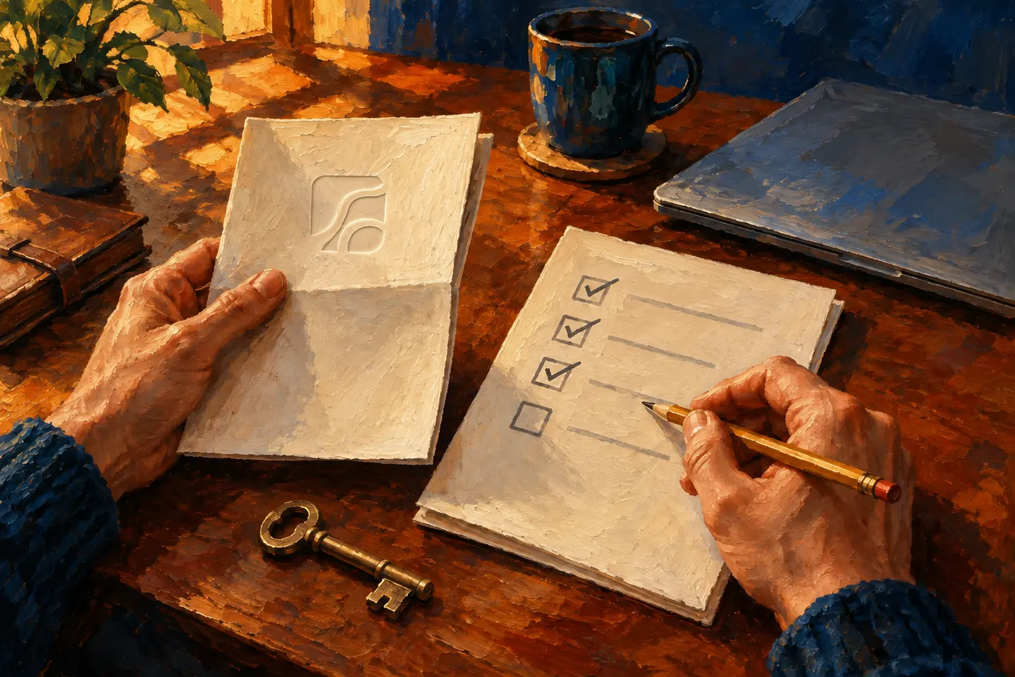 Hands compare an agreement and checklist beside a brass key.