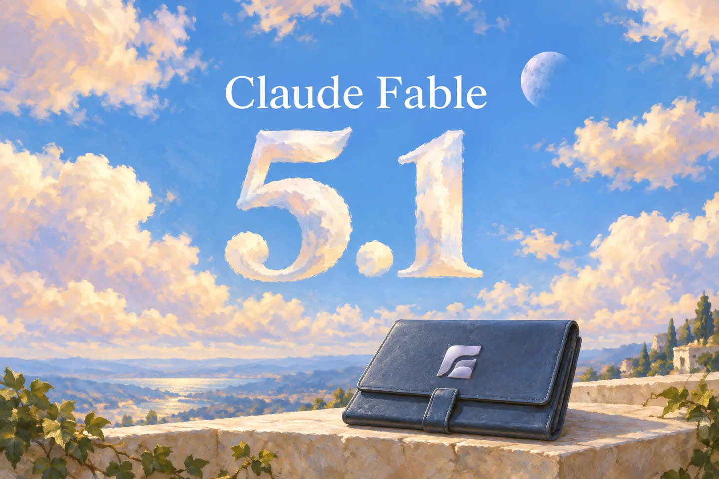 An editorial oil painting of Fable 5.1 among blue sky, clouds and a moon, with a SaaSCode emblem on a portfolio