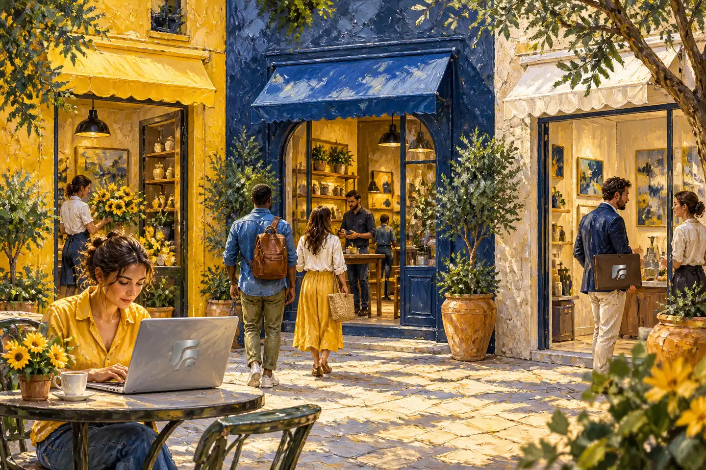 Three distinct storefronts share a sunlit courtyard