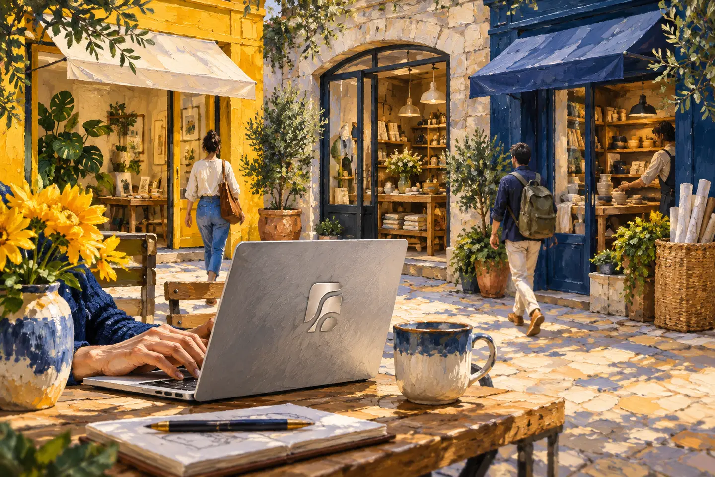 Objects from neighboring shops suggest related needs