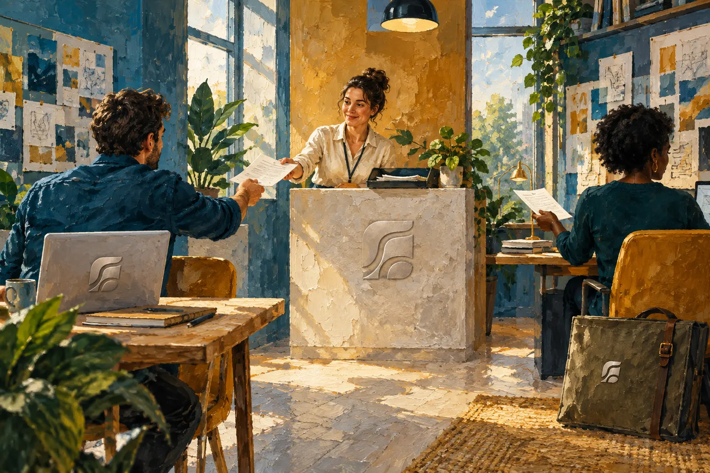 Two workspaces meet at a shared reception point