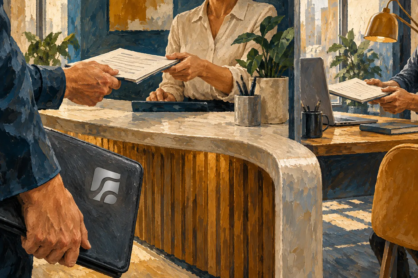 Hands prepare a record for transfer between workspaces