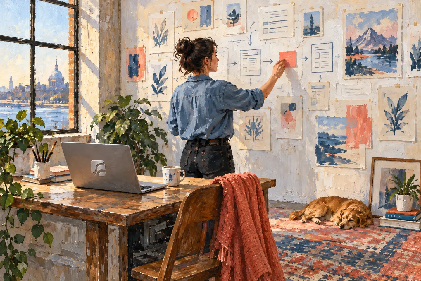 A developer maps a change beside a laptop in a bright studio